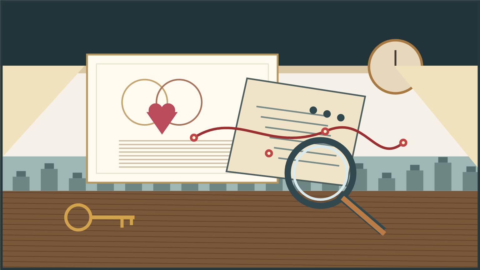 A symbolic detective desk where a wedding invitation, clue note, red thread, key, clock, and magnifying glass turn romance into a mystery case.