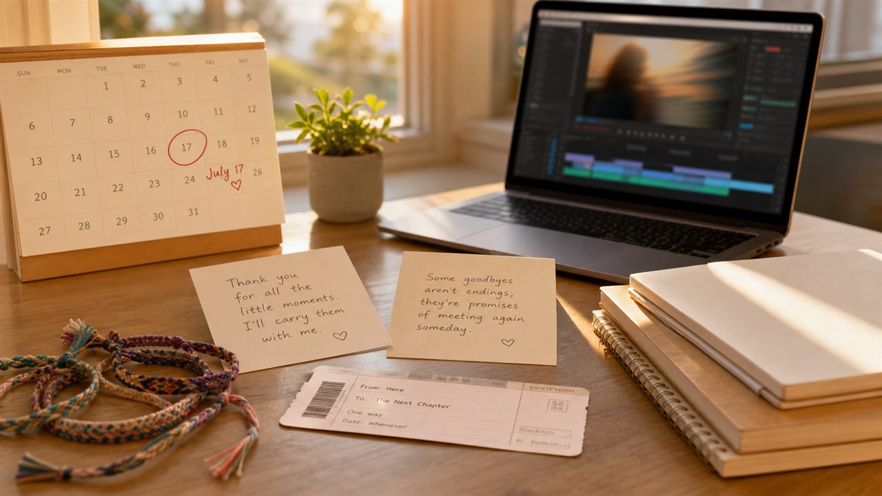 Friendship bracelets, July 17 calendar, goodbye notes, and an editing laptop arranged as a finale-fandom still life.