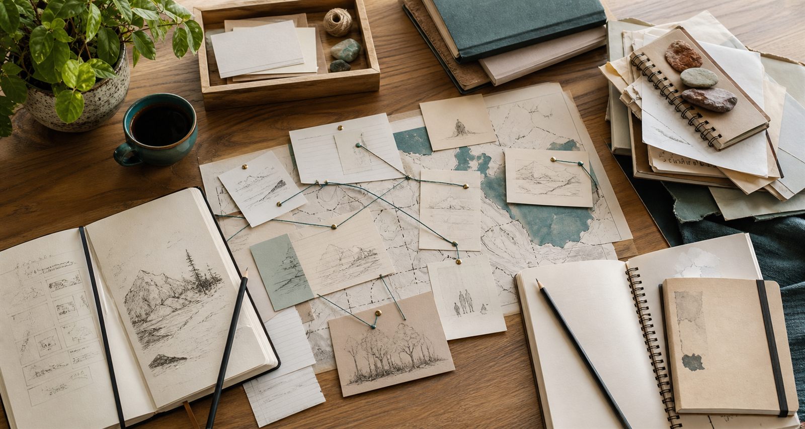 Desk with notebooks, story cards, plot threads, and map fragments arranged for creative writing planning.