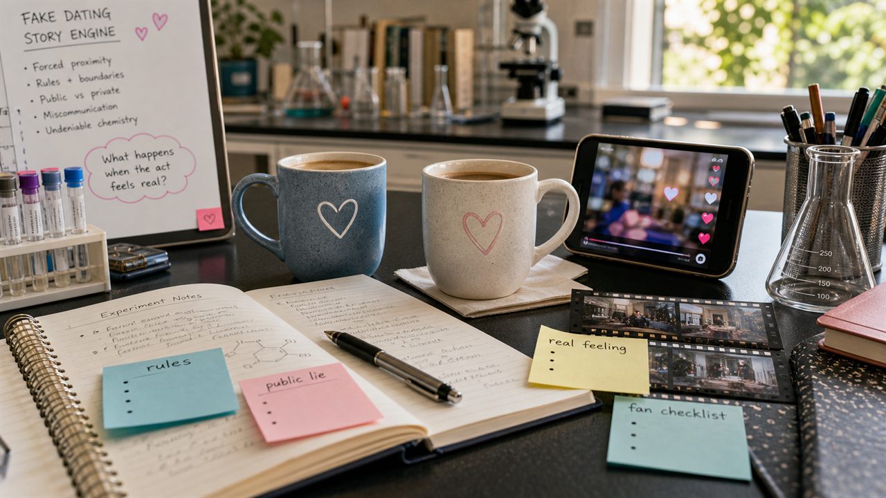 Lab desk with two coffee cups, fake-dating story notes, phone reactions, and rule cards for a romance adaptation analysis.