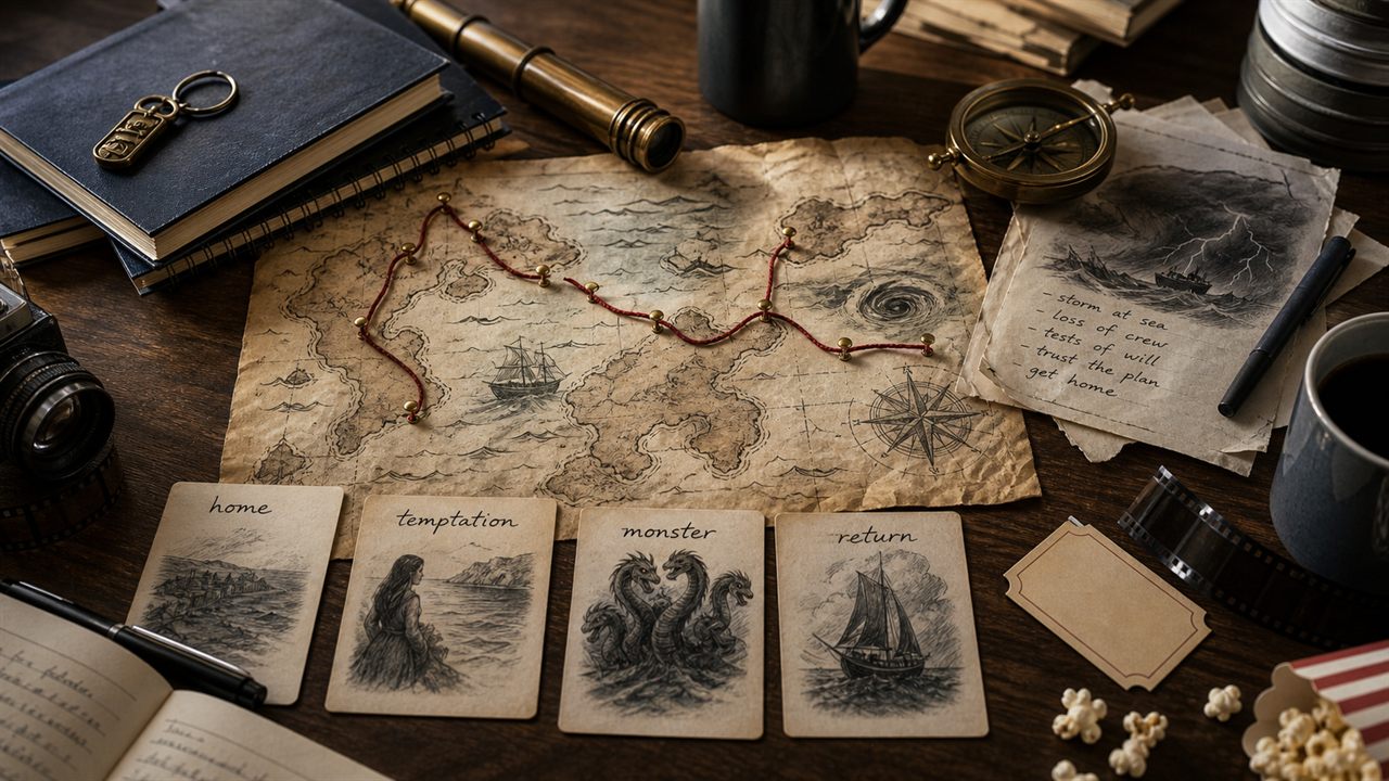Ancient sea map with red route thread, compass, storm notes, and quest cards for home, temptation, monster, and return.