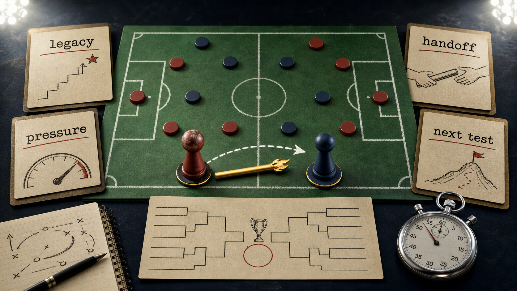 A symbolic football tactics board with legacy, pressure, handoff, and next test cards around generic red and navy markers.