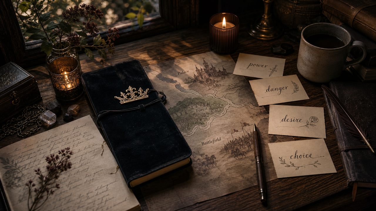 Candlelit trend-analysis desk with cards for power, danger, desire, and choice.