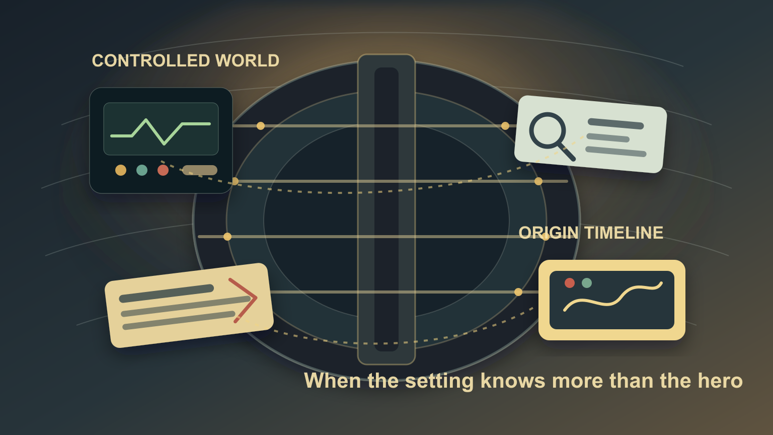 A symbolic underground story diagram with silo levels, control screens, an origin timeline, and evidence cards showing a setting that knows more than the hero.