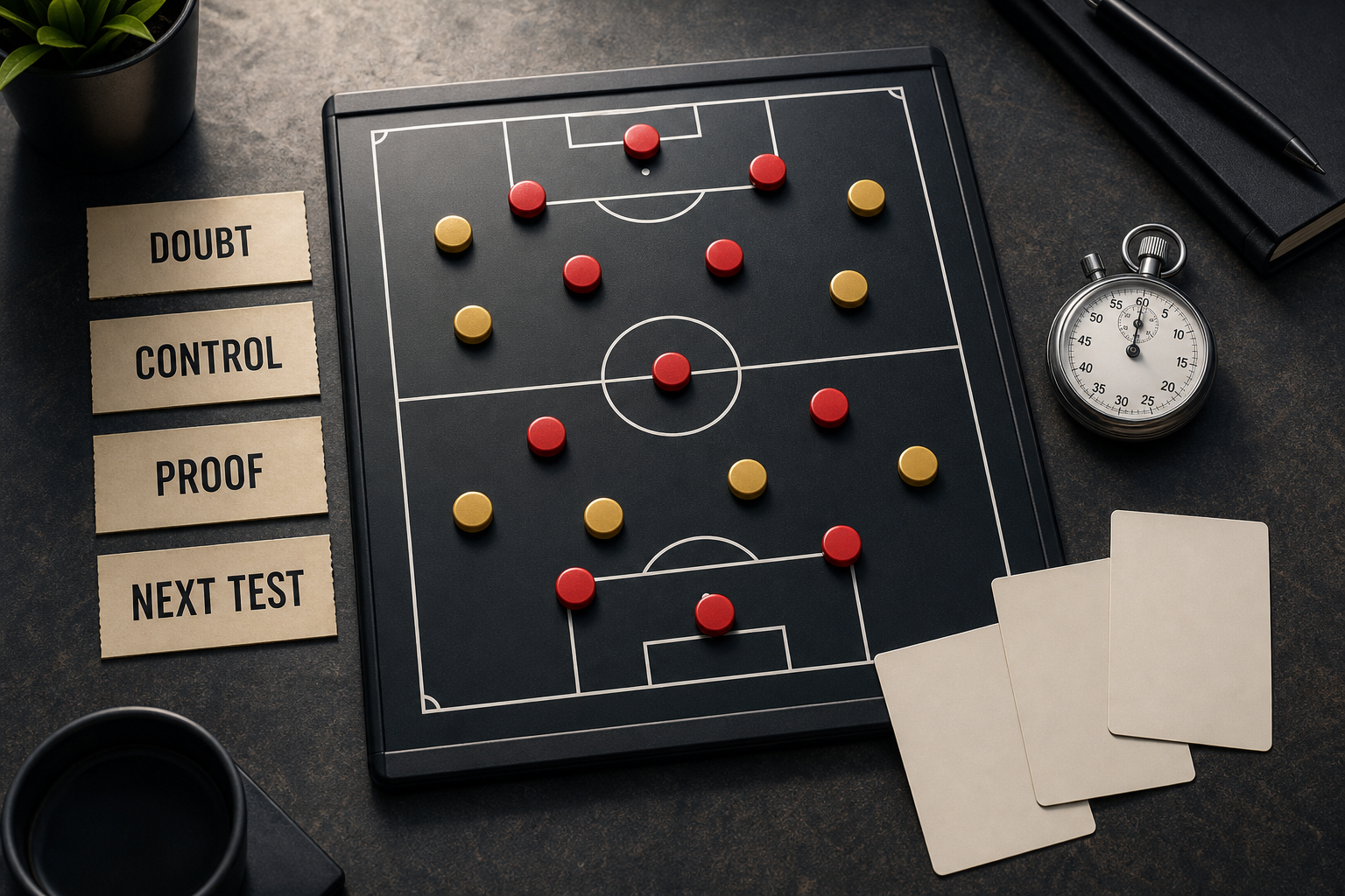 A symbolic football tactics board with generic red and gold markers, a stopwatch, score cards, and story labels for doubt, control, proof, and next test.