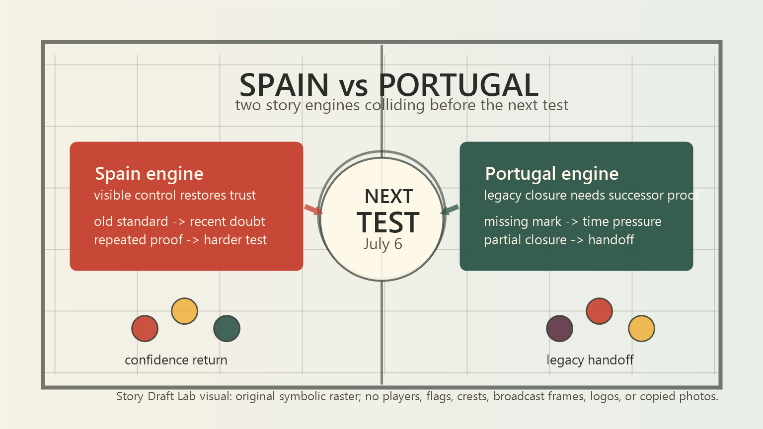 A symbolic story map comparing Spain's confidence-return engine with Portugal's legacy-handoff engine before their July 6 next test.
