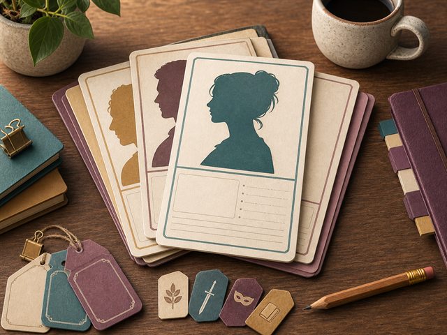 Layered character cards with trait marks.