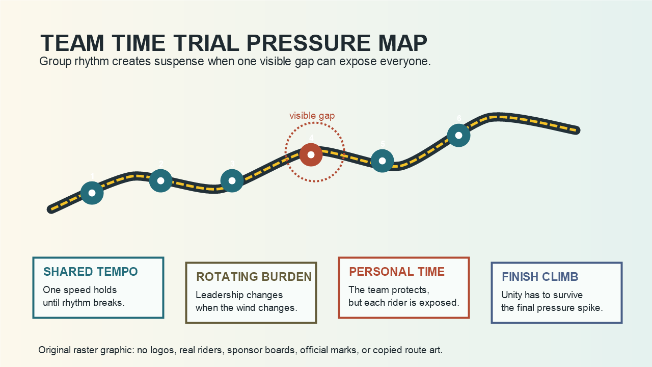 A symbolic team time trial pressure map showing shared tempo, rotating burden, personal time, a visible gap, and a finish climb.