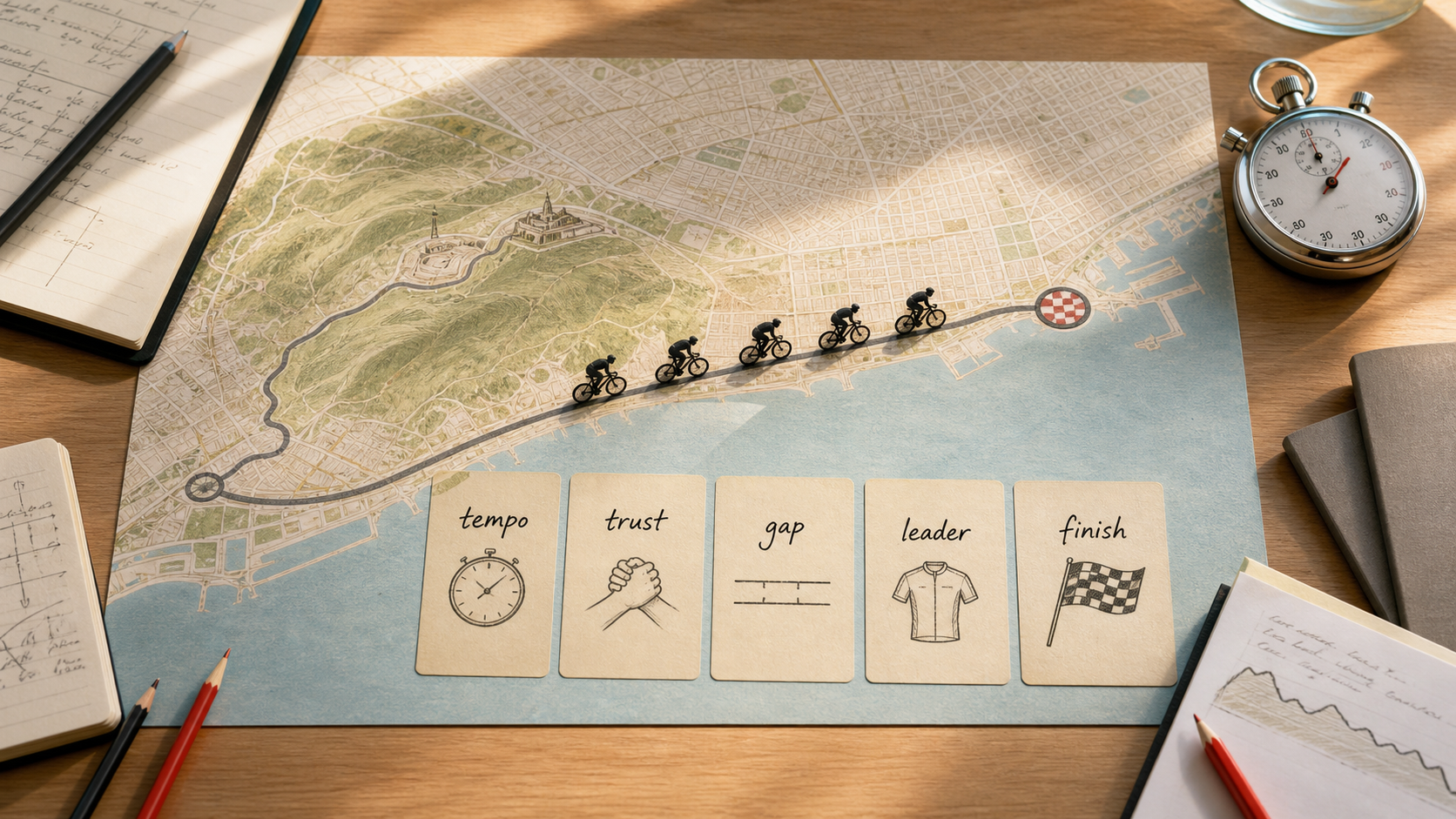 A symbolic Barcelona route map with generic cyclist markers, a stopwatch, and story cards for tempo, trust, gap, leader, and finish.