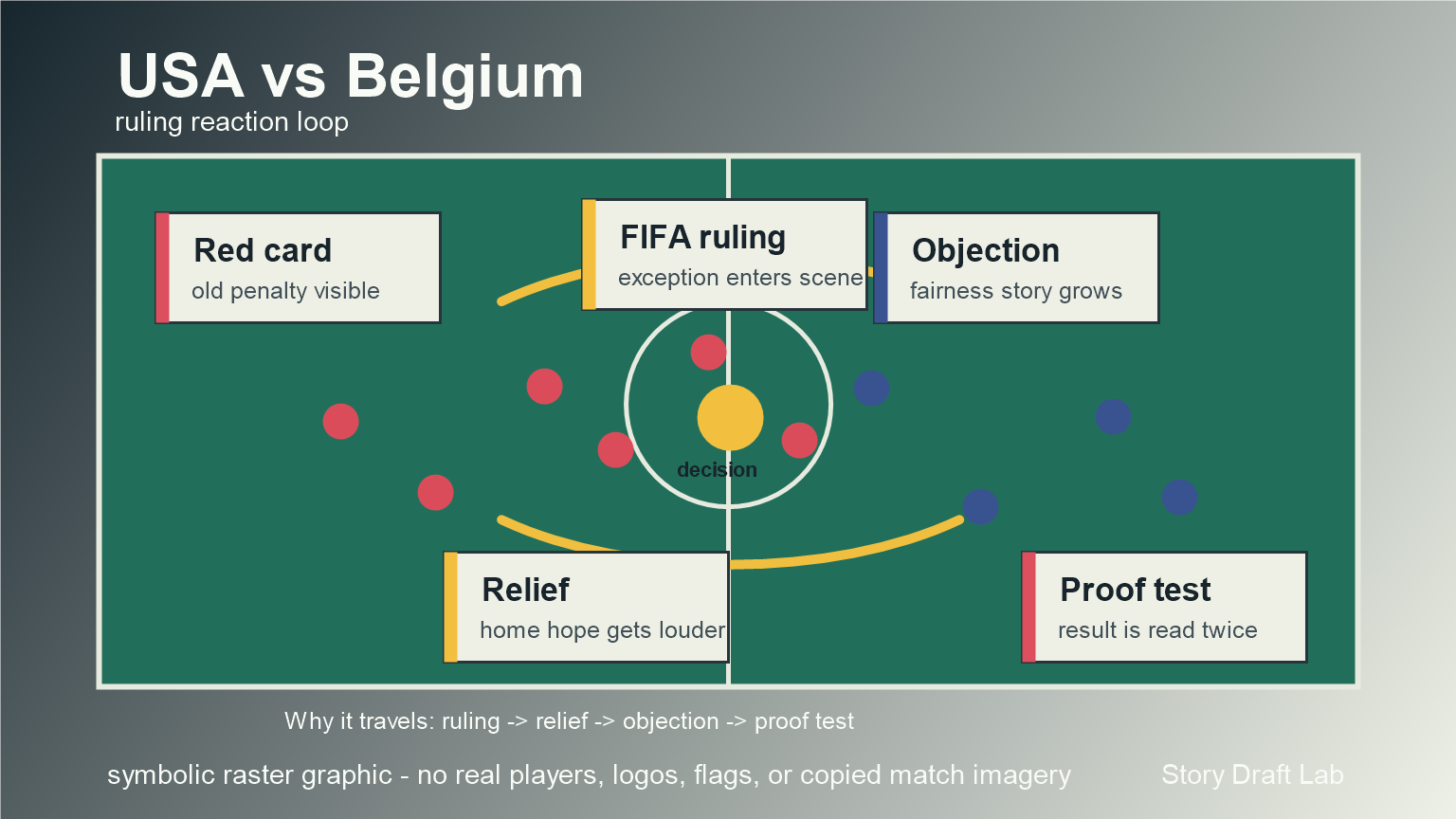 A symbolic soccer ruling reaction loop showing red card, FIFA ruling, objection, relief, and proof test cards around generic field markers.