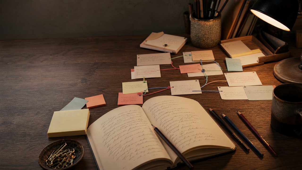 Character profile cards with trait tags and an arc line for planning fictional characters.