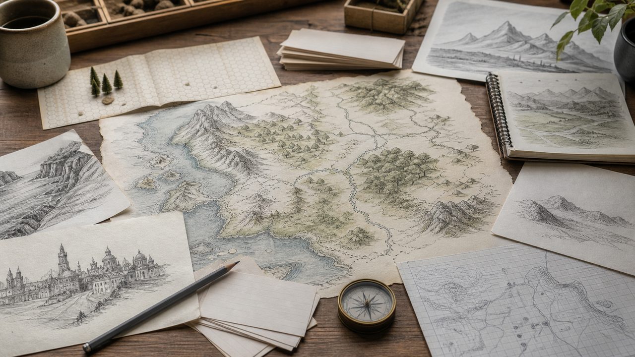 Map fragments, city notes, and route lines used for planning a fictional world.