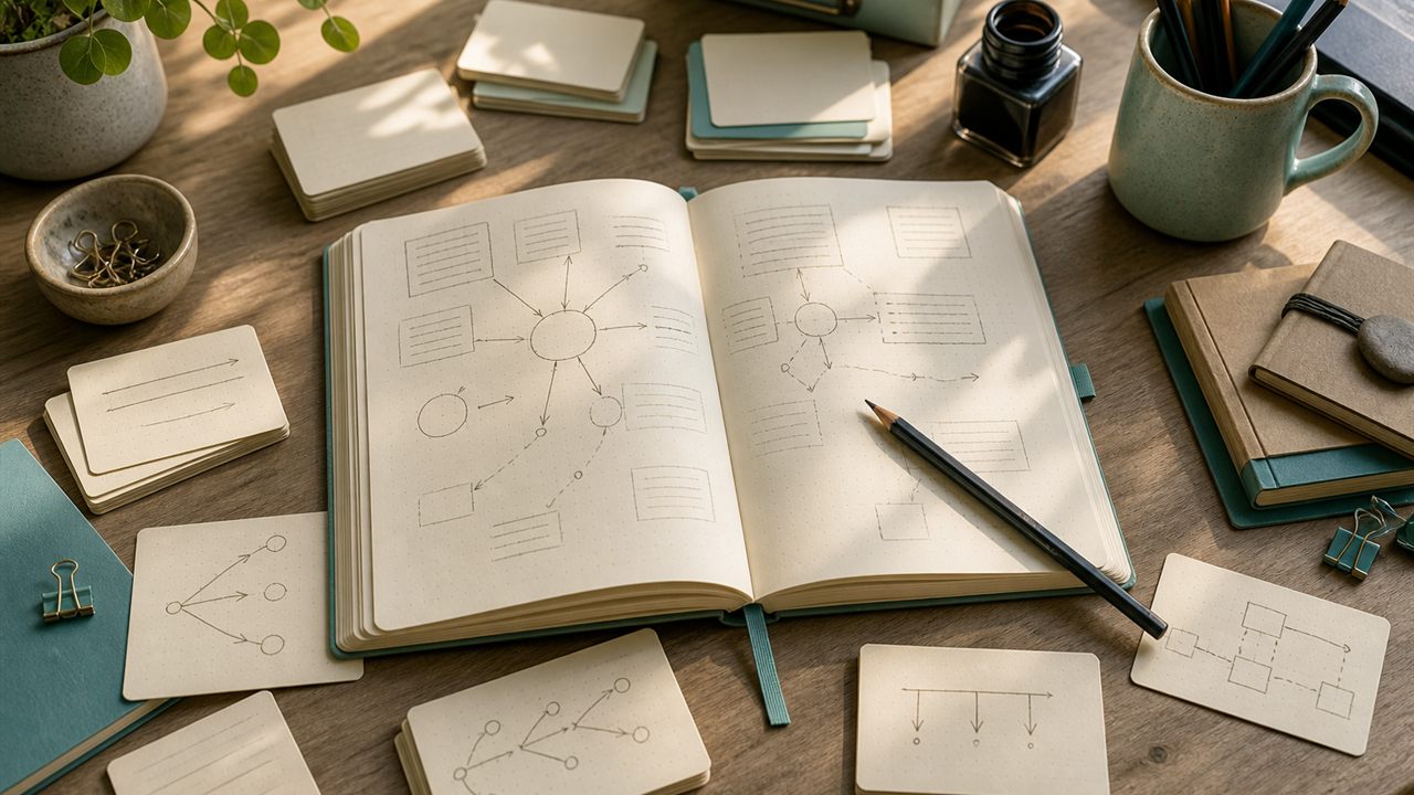 Prompt cards and an open notebook arranged to suggest branching story ideas.