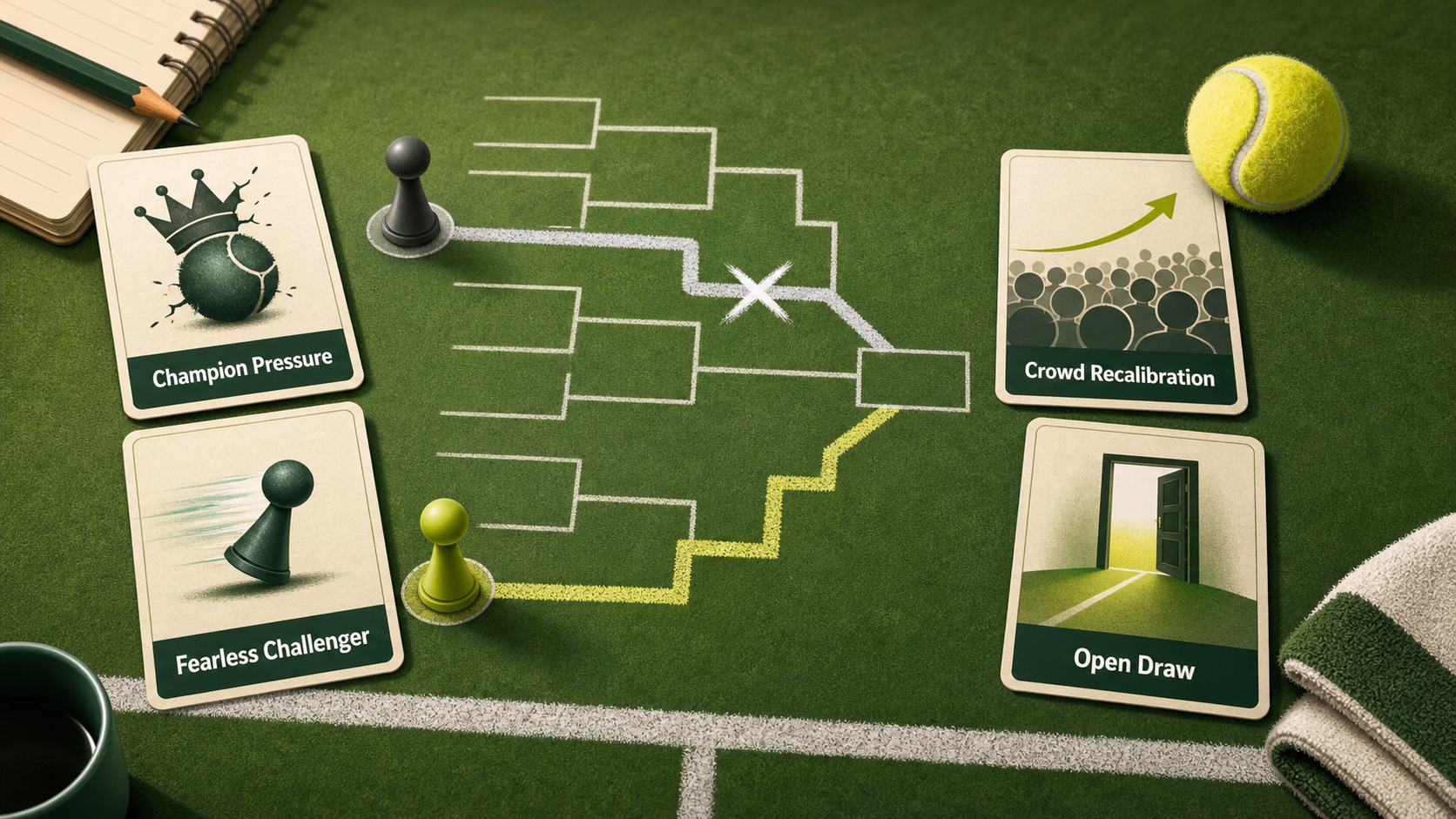 A symbolic grass-court story board with a crossed-out expected bracket path, a new yellow path, and cards for champion pressure, fearless challenger, crowd recalibration, and open draw.