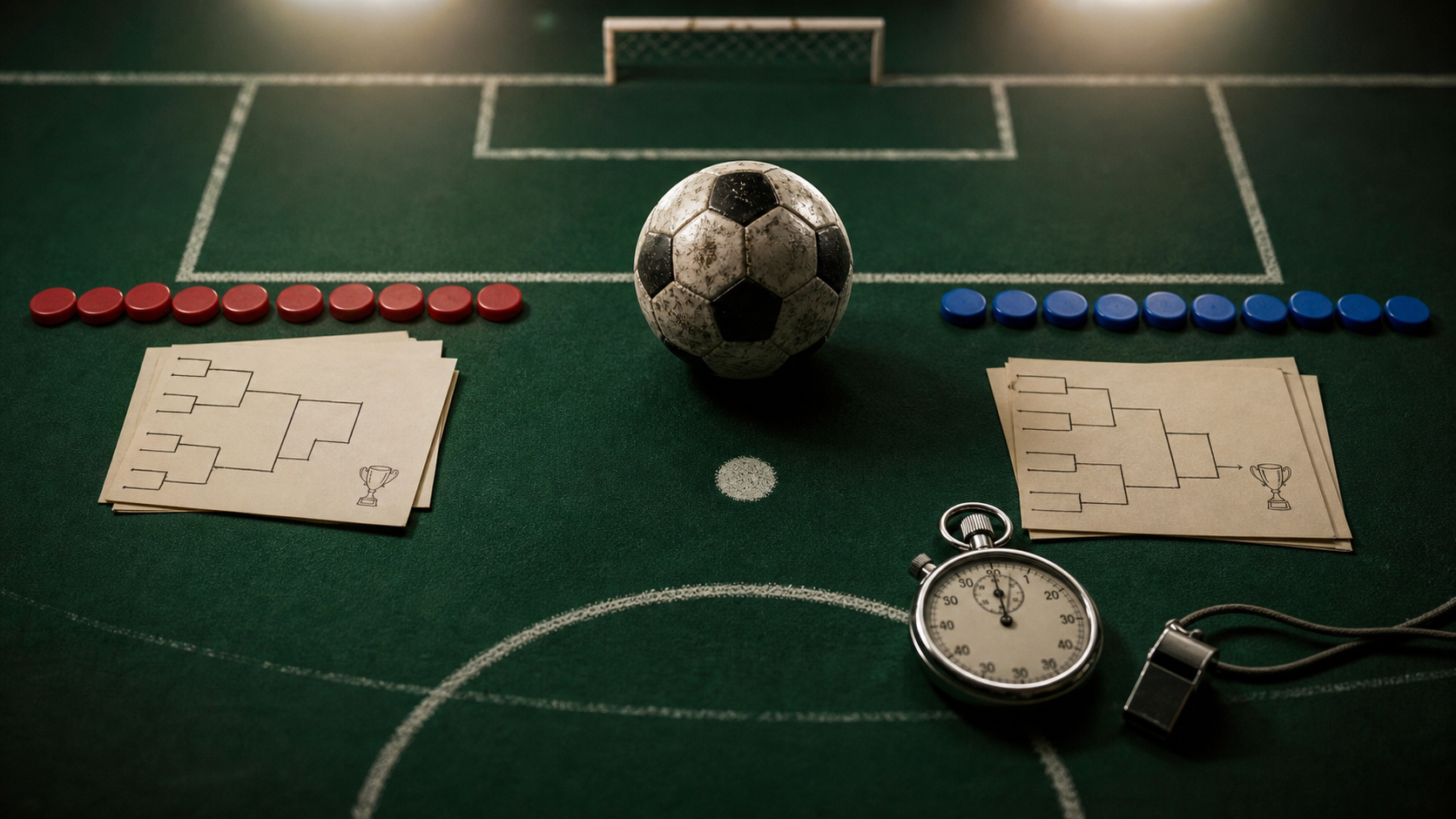A symbolic soccer tactics table with a ball on the penalty spot, bracket cards, colored magnets, and a stopwatch under stadium-style light.