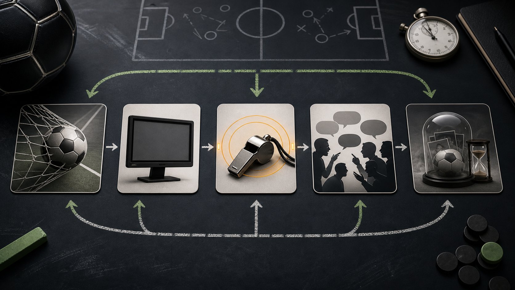 A symbolic flow diagram showing a soccer goal moment, replay screen, whistle decision, audience argument, and long-memory capsule on a tactics board.