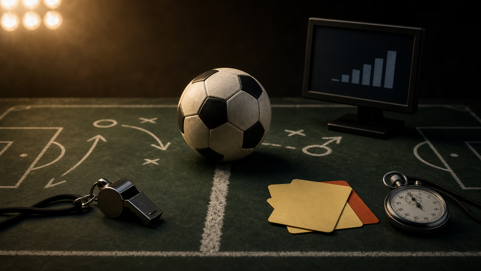 A symbolic soccer tactics desk with a ball, chalk lines, blank decision cards, stopwatch, whistle, and abstract review monitor under stadium-style light.